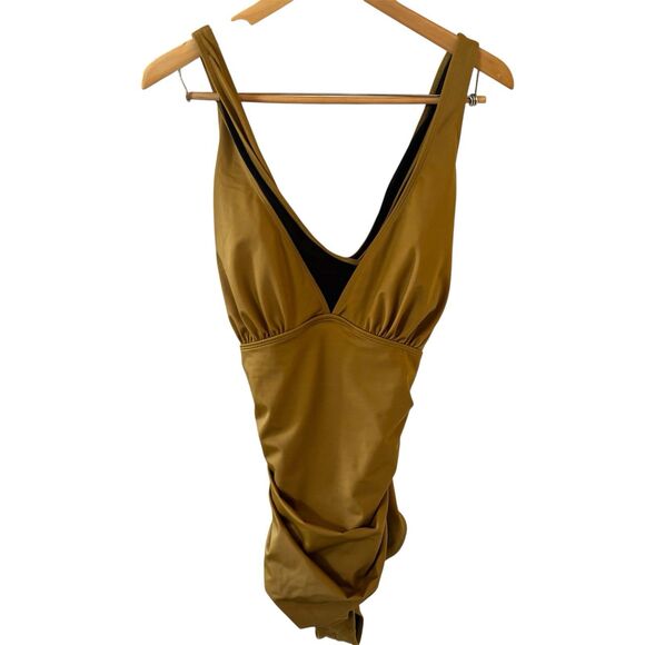 Shapellx Smart Sculpt Plunge Cutout XXL Ruched Front Shaping Swimsuit Gold Beach - Picture 1 of 10